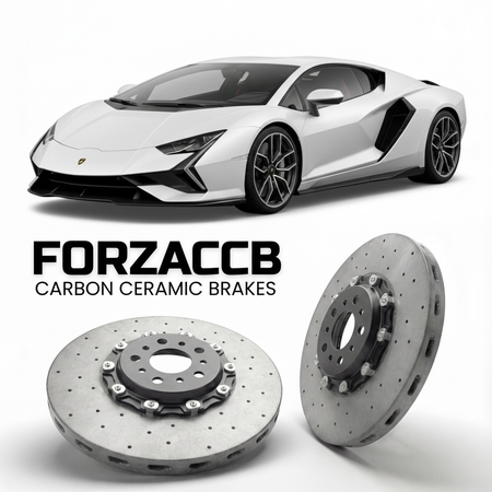 ForzaCCB direct OEM replacement carbon ceramic brake rotors for 2020 to 2021 Lamborghini Sian FKP 37 models, shown with a white Lamborghini Sian FKP 37 car.