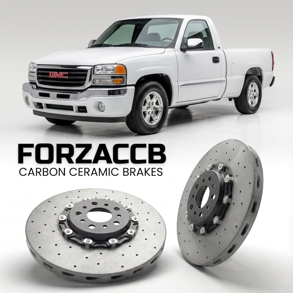 ForzaCCB direct OEM replacement carbon ceramic brake rotors for 2005-2007) GMC Sierra 1500 II (GMT800 models, shown with a white GMC Sierra 1500 car.