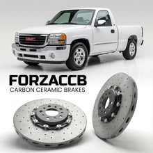 ForzaCCB direct OEM replacement carbon ceramic brake rotors for 2005-2007) GMC Sierra 1500 II (GMT800 models, shown with a white GMC Sierra 1500 car.