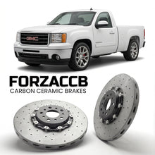 ForzaCCB direct OEM replacement carbon ceramic brake rotors for 2007-2013 Regular Cab Standard Box) GMC Sierra 1500 III (GMT900 models, shown with a white GMC Sierra 1500 car.