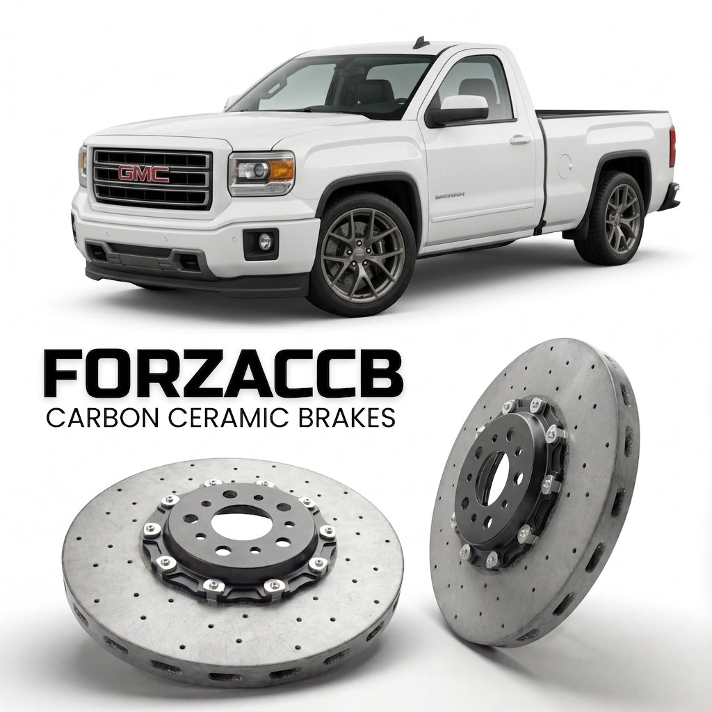 ForzaCCB direct OEM replacement carbon ceramic brake rotors for 2013-2015 Regular Cab Standard Box) GMC Sierra 1500 IV (GMTK2XX models, shown with a white GMC Sierra 1500 car.