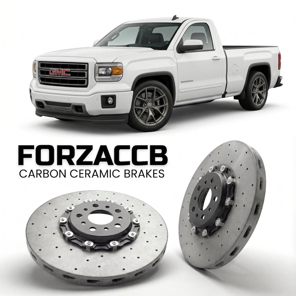 ForzaCCB direct OEM replacement carbon ceramic brake rotors for 2013-2015 Regular Cab Standard Box) GMC Sierra 1500 IV (GMTK2XX models, shown with a white GMC Sierra 1500 car.
