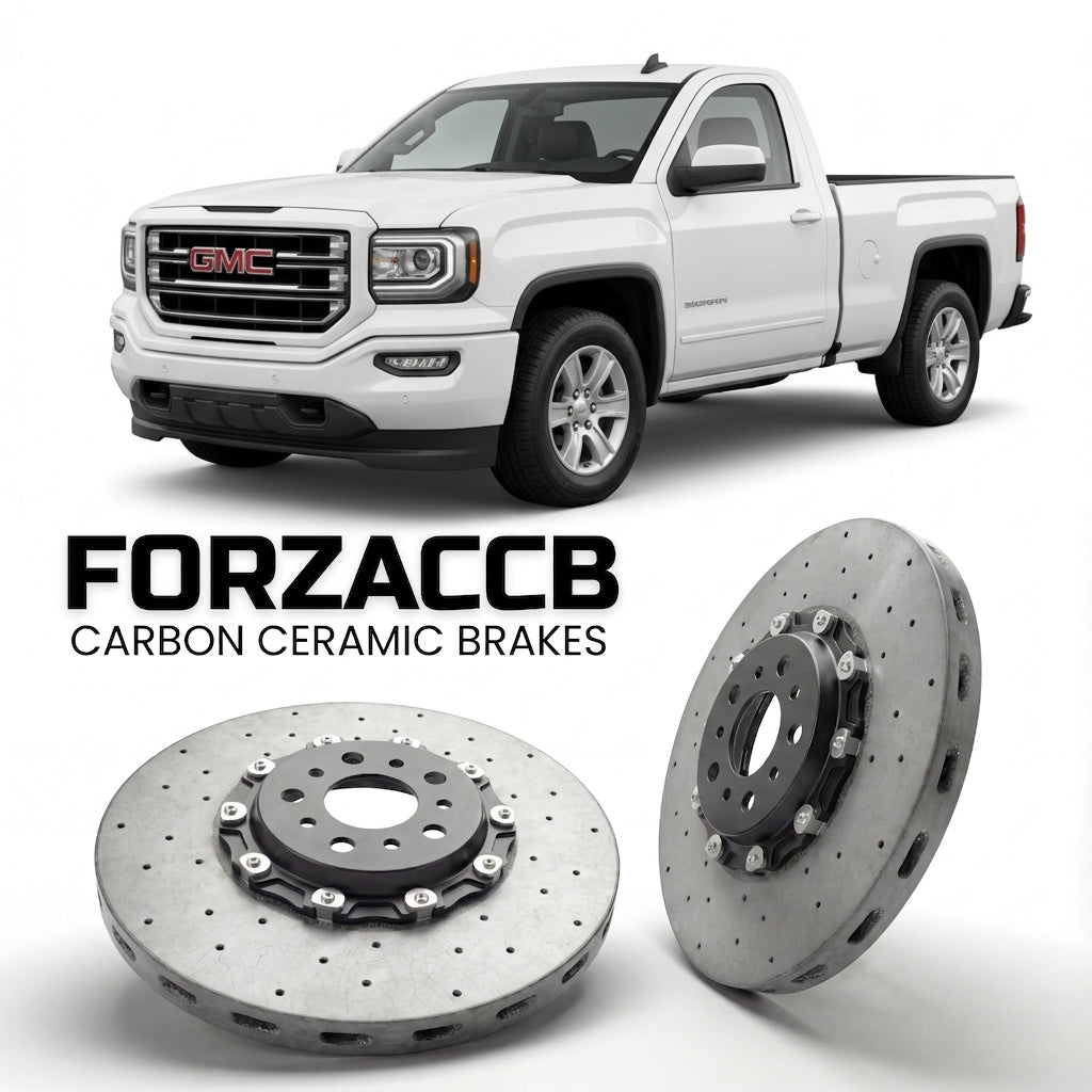 ForzaCCB direct OEM replacement carbon ceramic brake rotors for 2016-2018 Regular Cab Standard Box) GMC Sierra 1500 IV (GMTK2XX, facelift 2016 models, shown with a white GMC Sierra 1500 car.