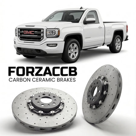 ForzaCCB direct OEM replacement carbon ceramic brake rotors for 2016-2018 Regular Cab Standard Box) GMC Sierra 1500 IV (GMTK2XX, facelift 2016 models, shown with a white GMC Sierra 1500 car.