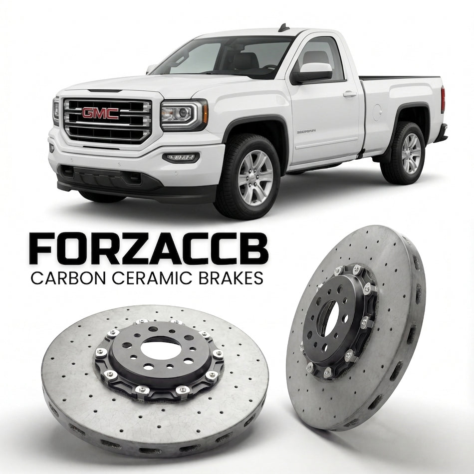 ForzaCCB direct OEM replacement carbon ceramic brake rotors for 2016-2018 Regular Cab Standard Box) GMC Sierra 1500 IV (GMTK2XX, facelift 2016 models, shown with a white GMC Sierra 1500 car.