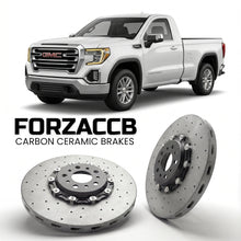 ForzaCCB direct OEM replacement carbon ceramic brake rotors for 2018-2021 Regular Cab Standard Box) GMC Sierra 1500 V (GMTT1XX models, shown with a white GMC Sierra 1500 car.