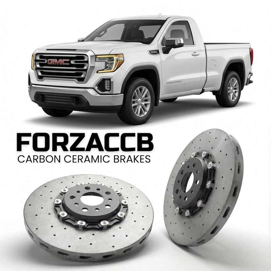 ForzaCCB direct OEM replacement carbon ceramic brake rotors for 2018-2021 Regular Cab Standard Box) GMC Sierra 1500 V (GMTT1XX models, shown with a white GMC Sierra 1500 car.