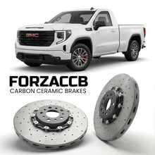ForzaCCB direct OEM replacement carbon ceramic brake rotors for 2022+ Regular Cab Standard Box) GMC Sierra 1500 V (GMTT1XX, facelift 2022 models, shown with a white GMC Sierra 1500 car.