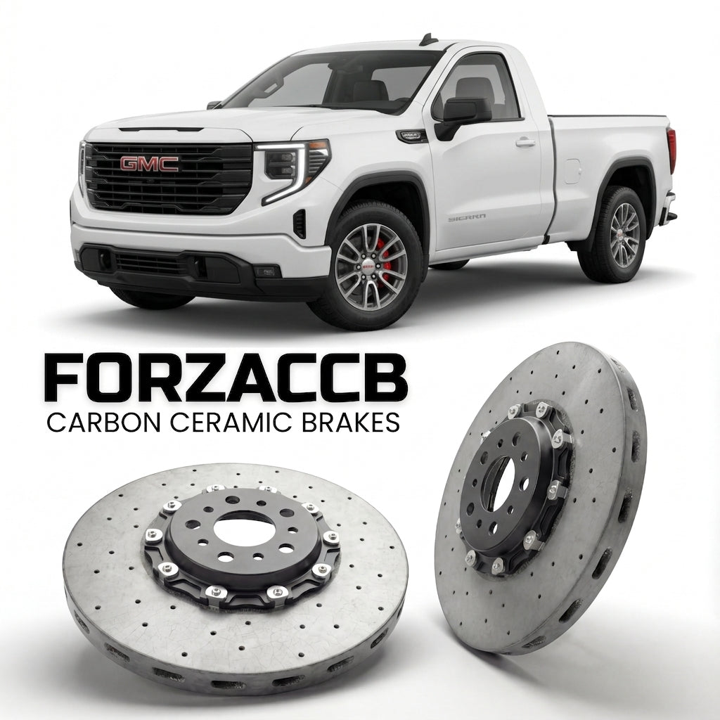 ForzaCCB direct OEM replacement carbon ceramic brake rotors for 2022+ Regular Cab Standard Box) GMC Sierra 1500 V (GMTT1XX, facelift 2022 models, shown with a white GMC Sierra 1500 car.