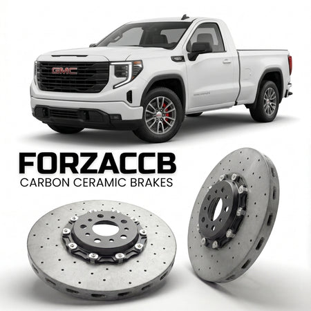 ForzaCCB direct OEM replacement carbon ceramic brake rotors for 2022+ Regular Cab Standard Box) GMC Sierra 1500 V (GMTT1XX, facelift 2022 models, shown with a white GMC Sierra 1500 car.