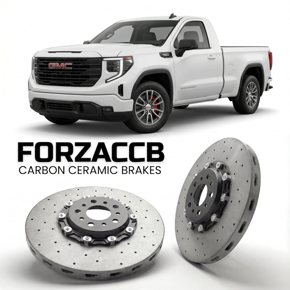 ForzaCCB direct OEM replacement carbon ceramic brake rotors for 2022+ Regular Cab Standard Box) GMC Sierra 1500 V (GMTT1XX, facelift 2022 models, shown with a white GMC Sierra 1500 car.