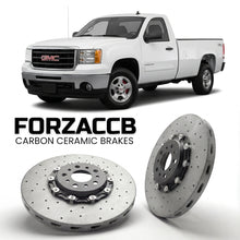 ForzaCCB direct OEM replacement carbon ceramic brake rotors for 2007-2010 Regular Cab Long Box) GMC Sierra 2500HD III (GMT900 models, shown with a white GMC Sierra 2500HD car.