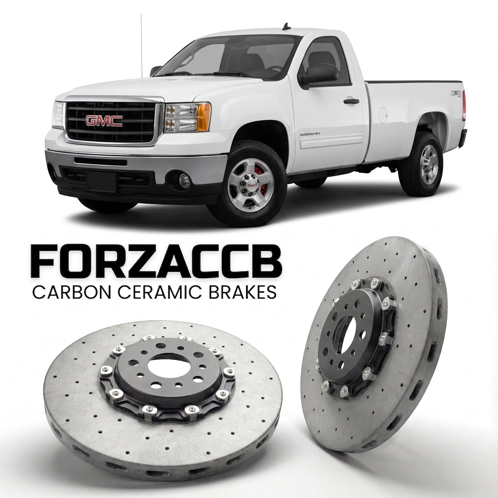 ForzaCCB direct OEM replacement carbon ceramic brake rotors for 2007-2010 Regular Cab Long Box) GMC Sierra 2500HD III (GMT900 models, shown with a white GMC Sierra 2500HD car.