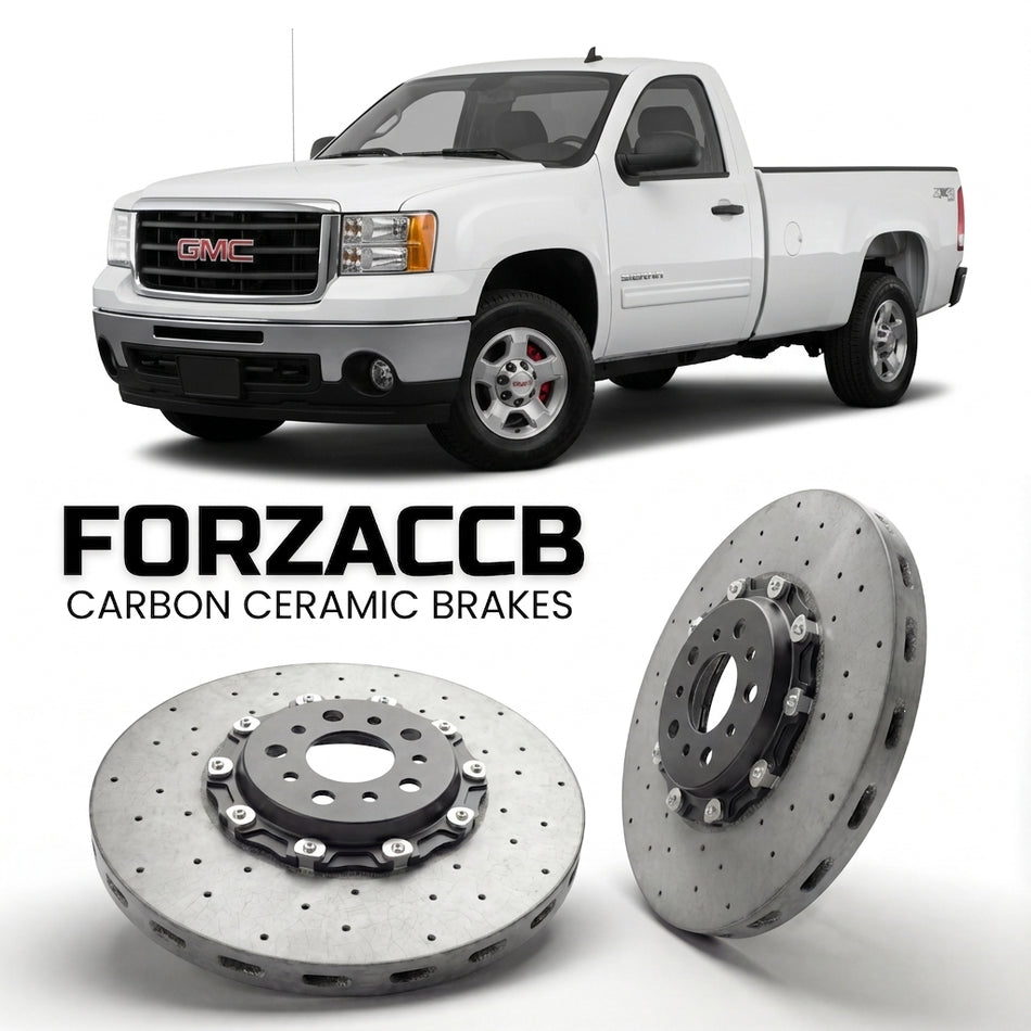 ForzaCCB direct OEM replacement carbon ceramic brake rotors for 2007-2010 Regular Cab Long Box) GMC Sierra 2500HD III (GMT900 models, shown with a white GMC Sierra 2500HD car.