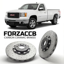 ForzaCCB direct OEM replacement carbon ceramic brake rotors for 2011-2014 Regular Cab Long Box) GMC Sierra 2500HD III (GMT900, facelift 2011 models, shown with a white GMC Sierra 2500HD car.