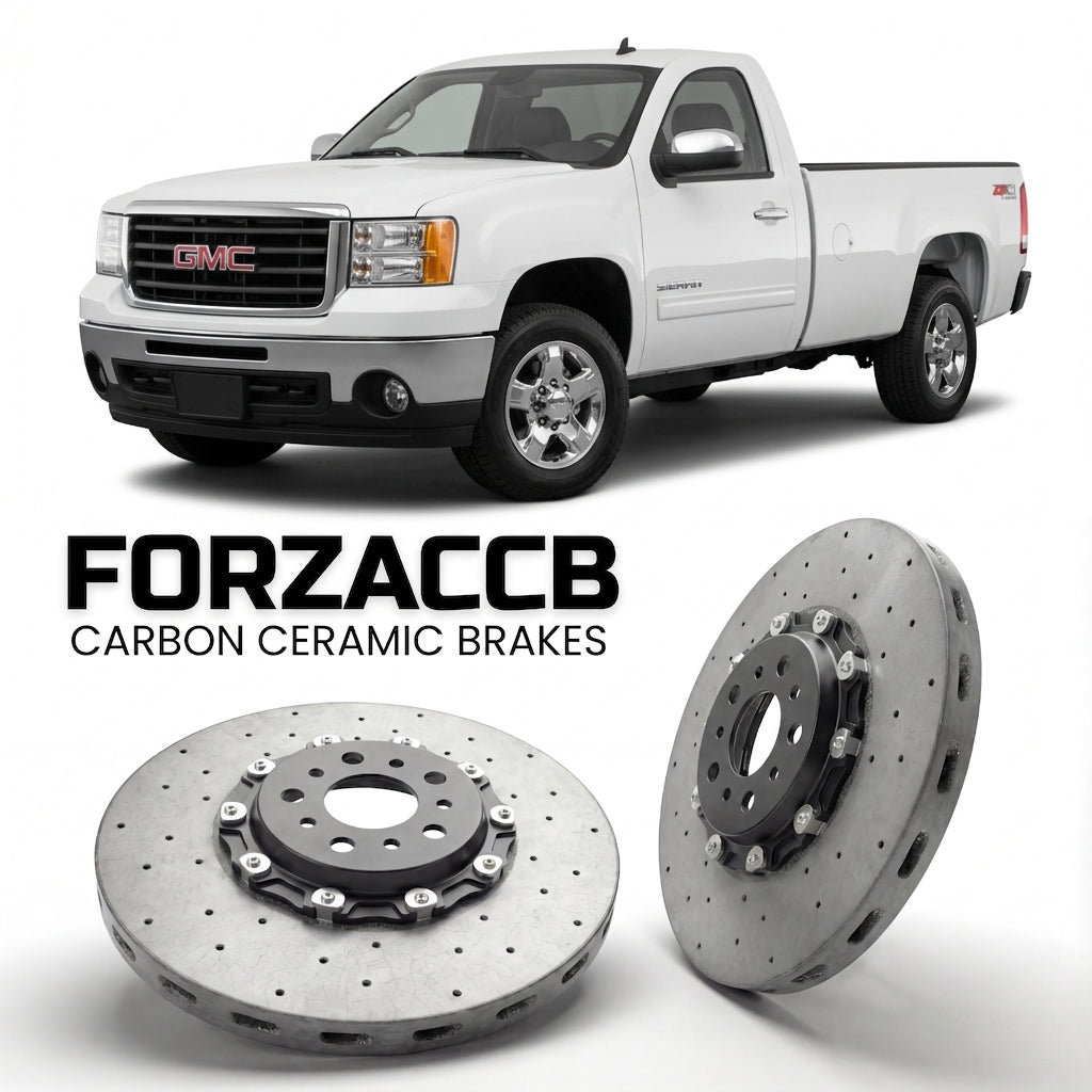 ForzaCCB direct OEM replacement carbon ceramic brake rotors for 2011-2014 Regular Cab Long Box) GMC Sierra 2500HD III (GMT900, facelift 2011 models, shown with a white GMC Sierra 2500HD car.