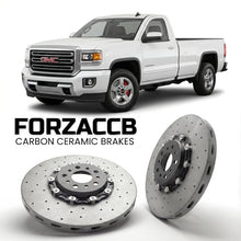 ForzaCCB direct OEM replacement carbon ceramic brake rotors for 2015-2019 Regular Cab Long Box) GMC Sierra 2500HD IV (GMTK2XX models, shown with a white GMC Sierra 2500HD car.