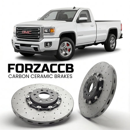 ForzaCCB direct OEM replacement carbon ceramic brake rotors for 2015-2019 Regular Cab Long Box) GMC Sierra 2500HD IV (GMTK2XX models, shown with a white GMC Sierra 2500HD car.