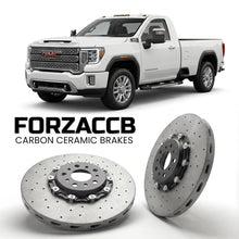 ForzaCCB direct OEM replacement carbon ceramic brake rotors for 2020-2023 Regular Cab Long Bed) GMC Sierra 2500HD V (GMTT1XX models, shown with a white GMC Sierra 2500HD car.