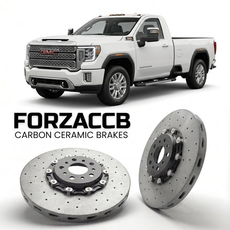 ForzaCCB direct OEM replacement carbon ceramic brake rotors for 2020-2023 Regular Cab Long Bed) GMC Sierra 2500HD V (GMTT1XX models, shown with a white GMC Sierra 2500HD car.