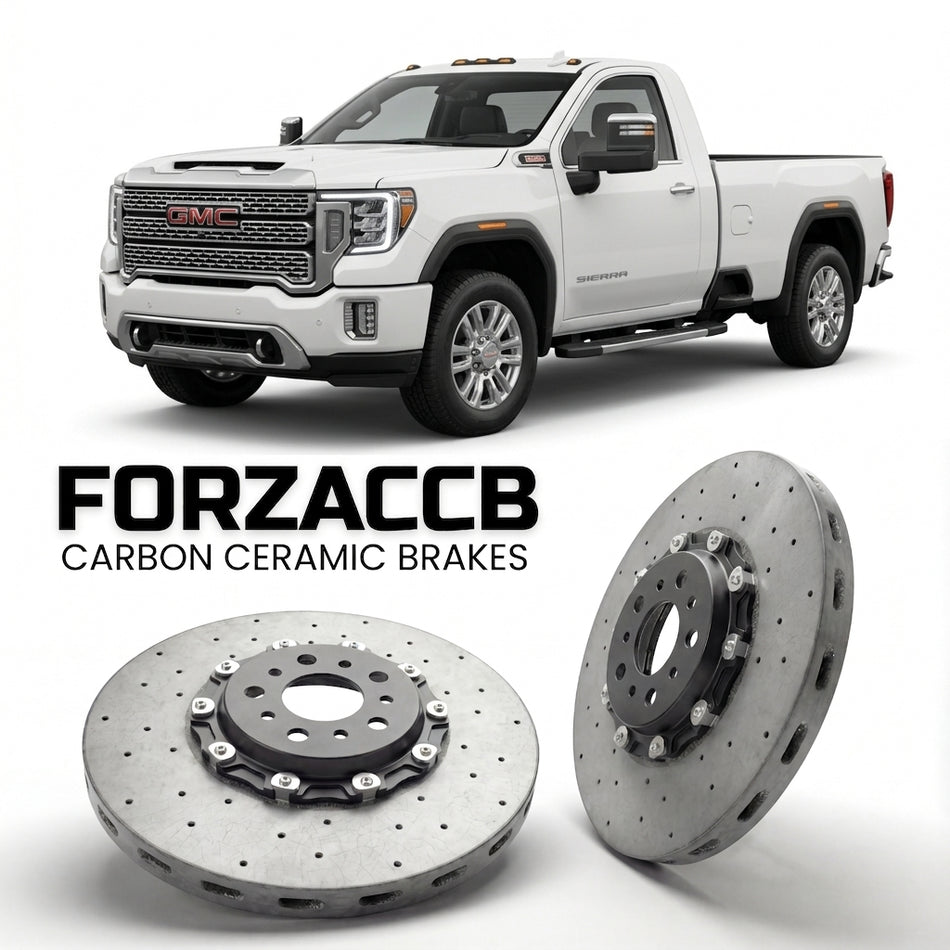 ForzaCCB direct OEM replacement carbon ceramic brake rotors for 2020-2023 Regular Cab Long Bed) GMC Sierra 2500HD V (GMTT1XX models, shown with a white GMC Sierra 2500HD car.