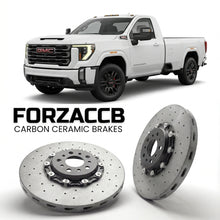 ForzaCCB direct OEM replacement carbon ceramic brake rotors for 2023+ Regular Cab Long Bed) GMC Sierra 2500HD V (GMTT1XX, facelift 2024 models, shown with a white GMC Sierra 2500HD car.