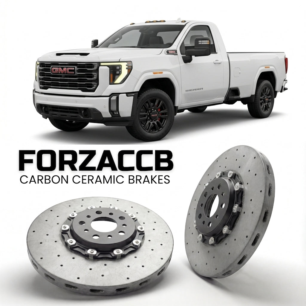 ForzaCCB direct OEM replacement carbon ceramic brake rotors for 2023+ Regular Cab Long Bed) GMC Sierra 2500HD V (GMTT1XX, facelift 2024 models, shown with a white GMC Sierra 2500HD car.