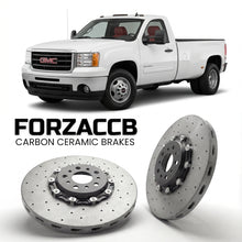 ForzaCCB direct OEM replacement carbon ceramic brake rotors for 2007-2010 Regular Cab Long Box) GMC Sierra 3500HD III (GMT900 models, shown with a white GMC Sierra 3500HD car.