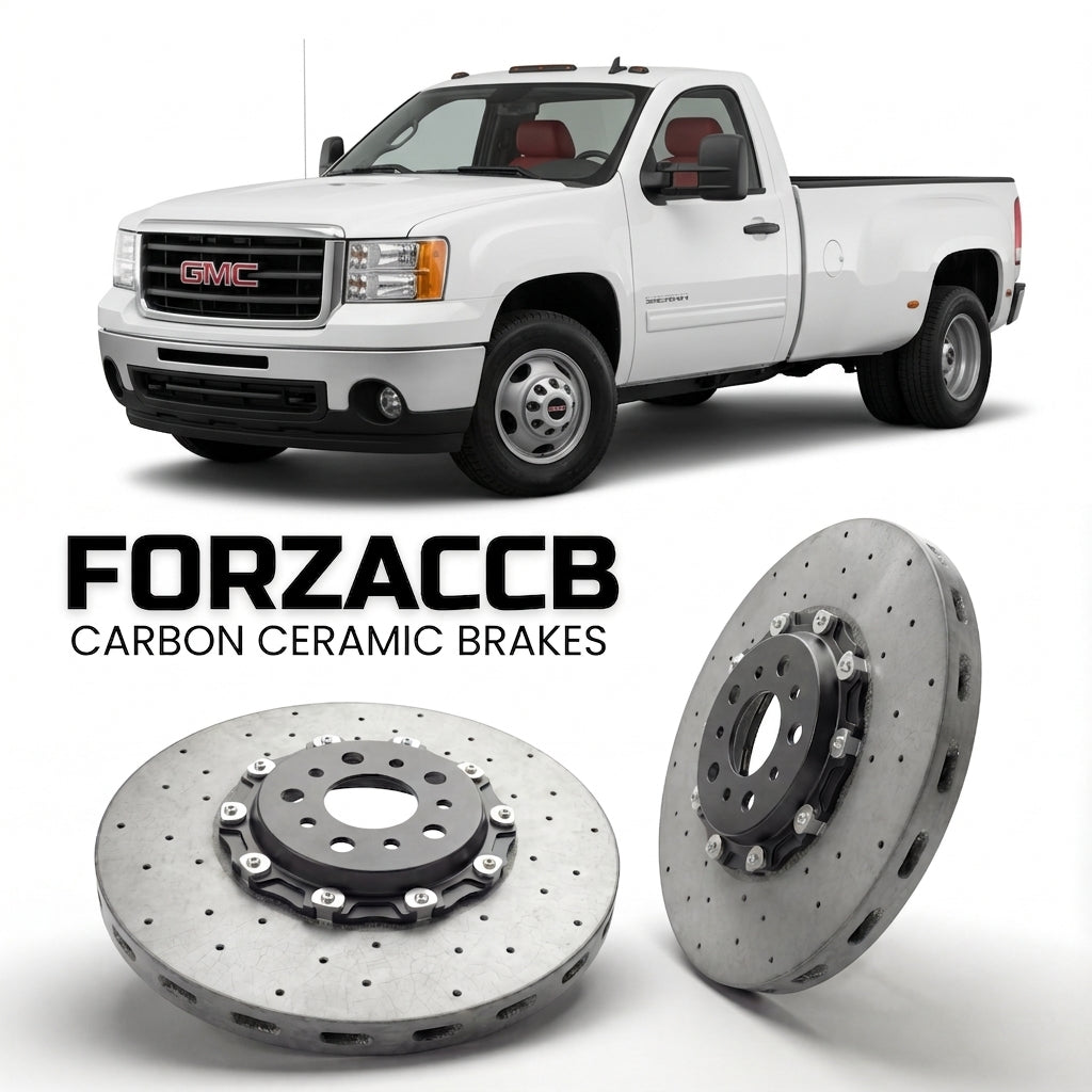 ForzaCCB direct OEM replacement carbon ceramic brake rotors for 2007-2010 Regular Cab Long Box) GMC Sierra 3500HD III (GMT900 models, shown with a white GMC Sierra 3500HD car.