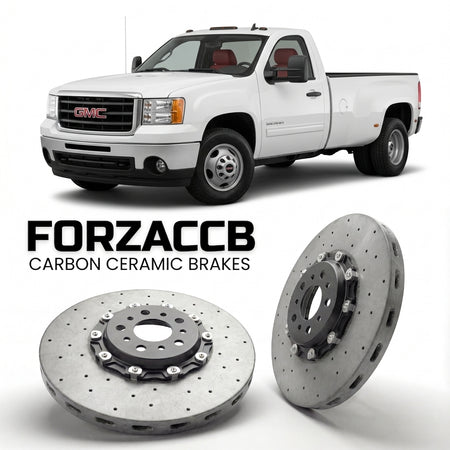 ForzaCCB direct OEM replacement carbon ceramic brake rotors for 2007-2010 Regular Cab Long Box) GMC Sierra 3500HD III (GMT900 models, shown with a white GMC Sierra 3500HD car.