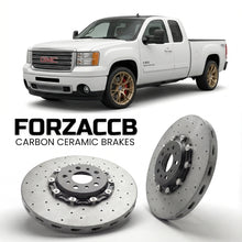 ForzaCCB direct OEM replacement carbon ceramic brake rotors for 2011-2013 Extended Cab Long Box) GMC Sierra 3500HD III (GMT900, facelift 2011 models, shown with a white GMC Sierra 3500HD car.