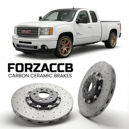 ForzaCCB direct OEM replacement carbon ceramic brake rotors for 2011-2013 Extended Cab Long Box) GMC Sierra 3500HD III (GMT900, facelift 2011 models, shown with a white GMC Sierra 3500HD car.