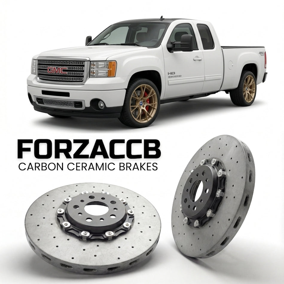 ForzaCCB direct OEM replacement carbon ceramic brake rotors for 2011-2013 Extended Cab Long Box) GMC Sierra 3500HD III (GMT900, facelift 2011 models, shown with a white GMC Sierra 3500HD car.