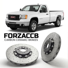 ForzaCCB direct OEM replacement carbon ceramic brake rotors for 2011-2014 Regular Cab Long Box) GMC Sierra 3500HD III (GMT900, facelift 2011 models, shown with a white GMC Sierra 3500HD car.