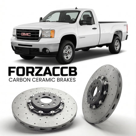ForzaCCB direct OEM replacement carbon ceramic brake rotors for 2011-2014 Regular Cab Long Box) GMC Sierra 3500HD III (GMT900, facelift 2011 models, shown with a white GMC Sierra 3500HD car.