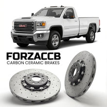 ForzaCCB direct OEM replacement carbon ceramic brake rotors for 2015-2019 Regular Cab Long Box) GMC Sierra 3500HD IV (GMTK2XX models, shown with a white GMC Sierra 3500HD car.