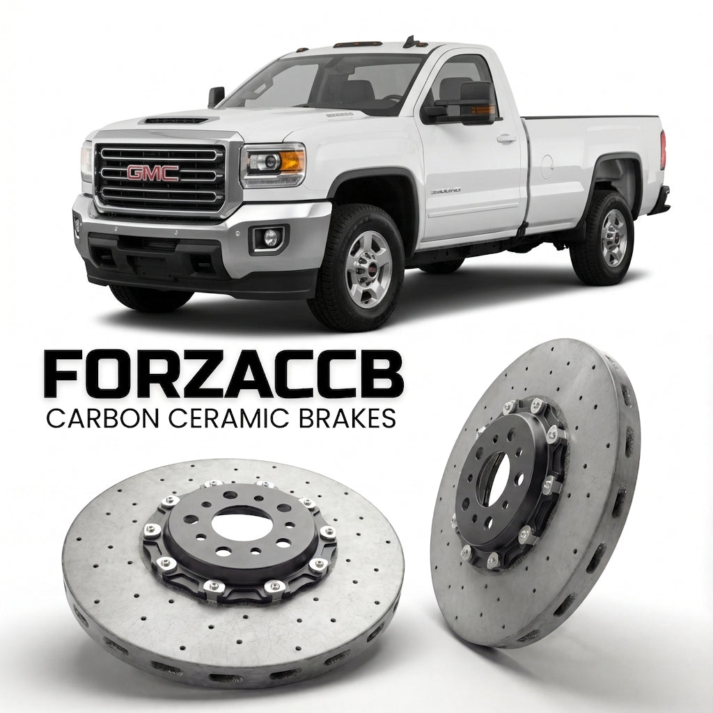 ForzaCCB direct OEM replacement carbon ceramic brake rotors for 2015-2019 Regular Cab Long Box) GMC Sierra 3500HD IV (GMTK2XX models, shown with a white GMC Sierra 3500HD car.