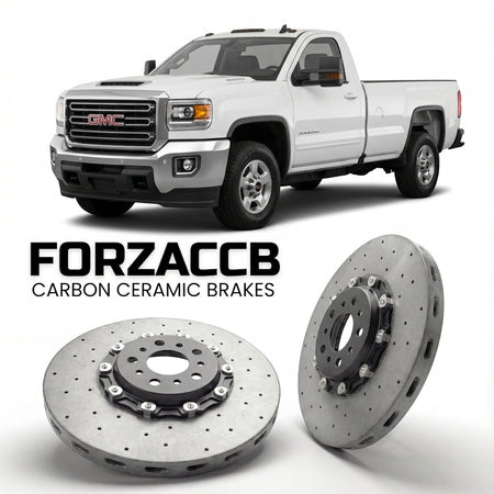 ForzaCCB direct OEM replacement carbon ceramic brake rotors for 2015-2019 Regular Cab Long Box) GMC Sierra 3500HD IV (GMTK2XX models, shown with a white GMC Sierra 3500HD car.