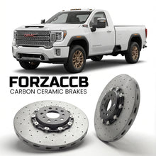 ForzaCCB direct OEM replacement carbon ceramic brake rotors for 2020-2023 Regular Cab Long Bed) GMC Sierra 3500HD V (GMTT1XX models, shown with a white GMC Sierra 3500HD car.