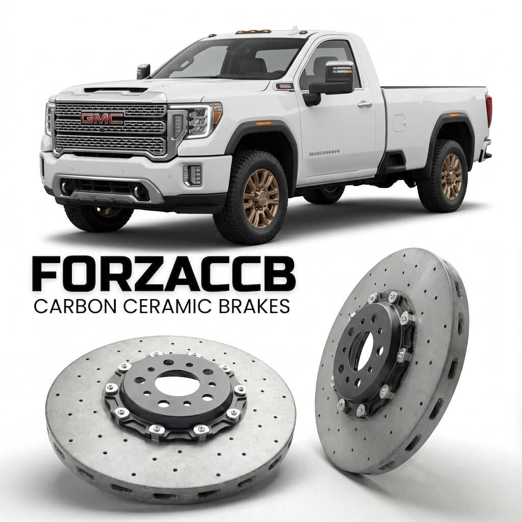 ForzaCCB direct OEM replacement carbon ceramic brake rotors for 2020-2023 Regular Cab Long Bed) GMC Sierra 3500HD V (GMTT1XX models, shown with a white GMC Sierra 3500HD car.