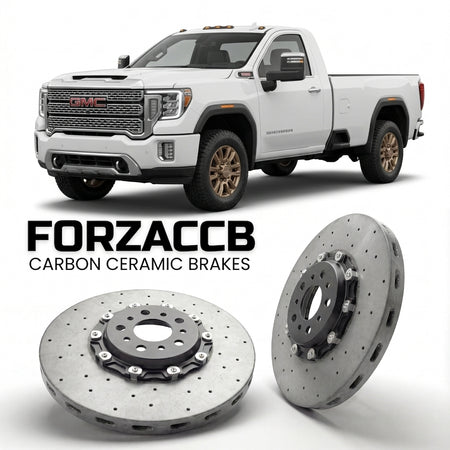 ForzaCCB direct OEM replacement carbon ceramic brake rotors for 2020-2023 Regular Cab Long Bed) GMC Sierra 3500HD V (GMTT1XX models, shown with a white GMC Sierra 3500HD car.