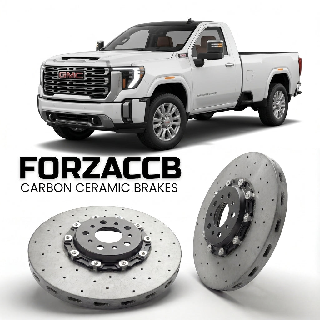 ForzaCCB direct OEM replacement carbon ceramic brake rotors for 2024+ Regular Cab Long Bed) GMC Sierra 3500HD V (GMTT1XX, facelift 2024 models, shown with a white GMC Sierra 3500HD car.