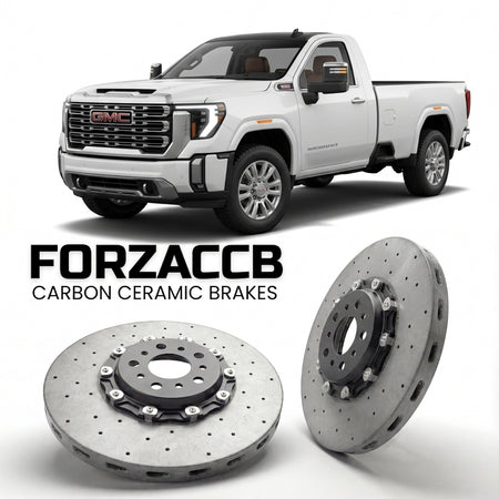 ForzaCCB direct OEM replacement carbon ceramic brake rotors for 2024+ Regular Cab Long Bed) GMC Sierra 3500HD V (GMTT1XX, facelift 2024 models, shown with a white GMC Sierra 3500HD car.