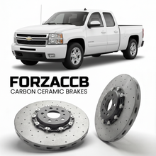 ForzaCCB direct OEM replacement carbon ceramic brake rotors for 2005-2006 Crew Cab) Chevrolet Silverado 1500 I (facelift 2003 models, shown with a white Chevrolet Silverado 1500 car.