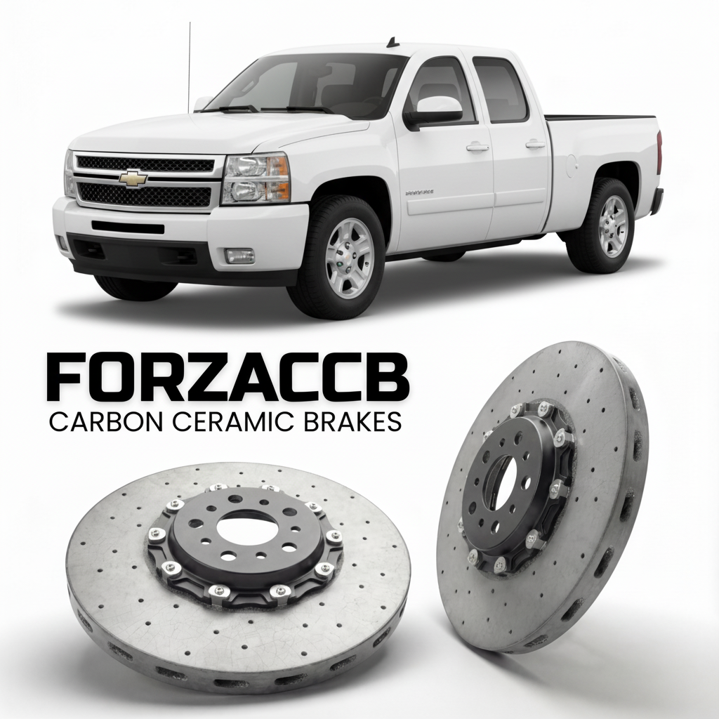 ForzaCCB direct OEM replacement carbon ceramic brake rotors for 2005-2006 Crew Cab) Chevrolet Silverado 1500 I (facelift 2003 models, shown with a white Chevrolet Silverado 1500 car.