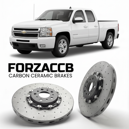 ForzaCCB direct OEM replacement carbon ceramic brake rotors for 2005-2006 Crew Cab) Chevrolet Silverado 1500 I (facelift 2003 models, shown with a white Chevrolet Silverado 1500 car.