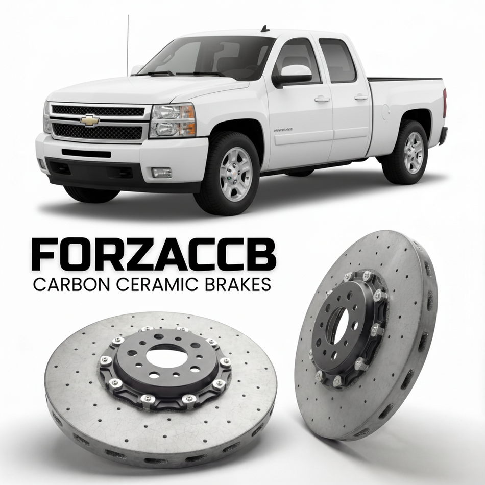 ForzaCCB direct OEM replacement carbon ceramic brake rotors for 2005-2006 Crew Cab) Chevrolet Silverado 1500 I (facelift 2003 models, shown with a white Chevrolet Silverado 1500 car.