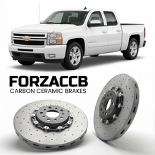 ForzaCCB direct OEM replacement carbon ceramic brake rotors for 2007 to 2014 Chevrolet Silverado 1500 II Crew Cab Standard Box models, shown with a white Chevrolet Silverado 1500 car.
