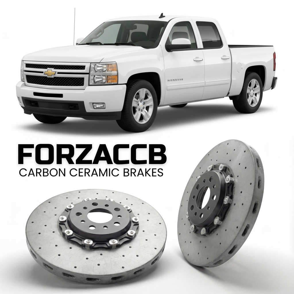 ForzaCCB direct OEM replacement carbon ceramic brake rotors for 2007 to 2014 Chevrolet Silverado 1500 II Crew Cab Standard Box models, shown with a white Chevrolet Silverado 1500 car.