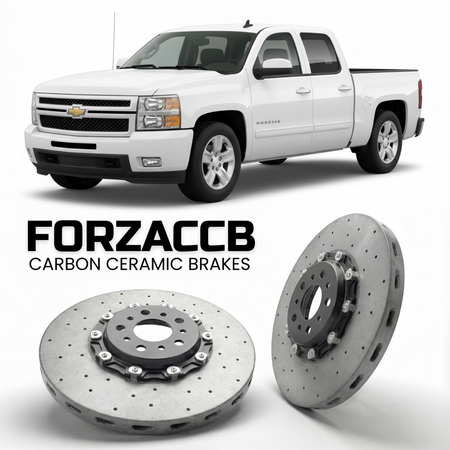 ForzaCCB direct OEM replacement carbon ceramic brake rotors for 2007 to 2014 Chevrolet Silverado 1500 II Crew Cab Standard Box models, shown with a white Chevrolet Silverado 1500 car.